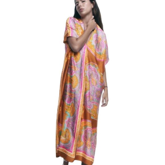 Zara Printed Satin Kaftan Dress - Picture 1 of 6